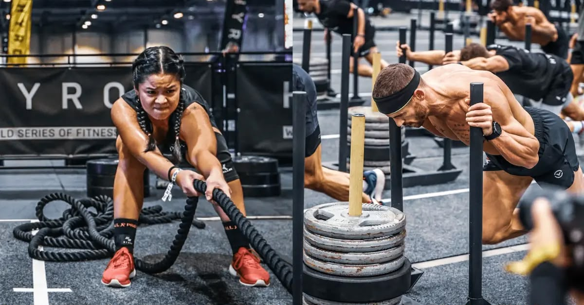 HYROX athletes training with battle ropes and sled pushes